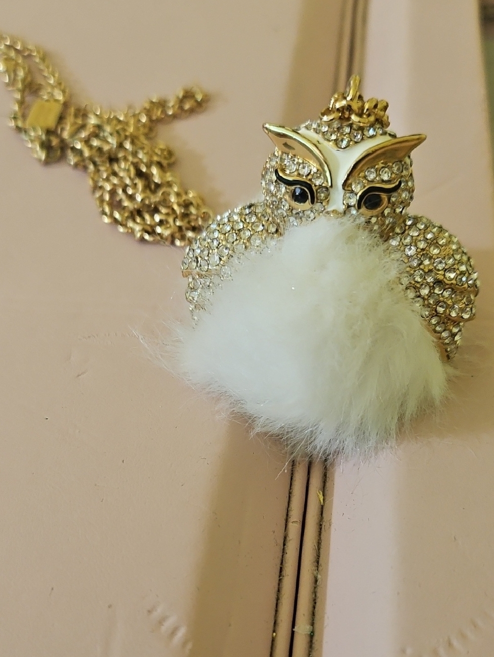 Gold Owl Pendant Necklace with White Pom Pom. Vintage